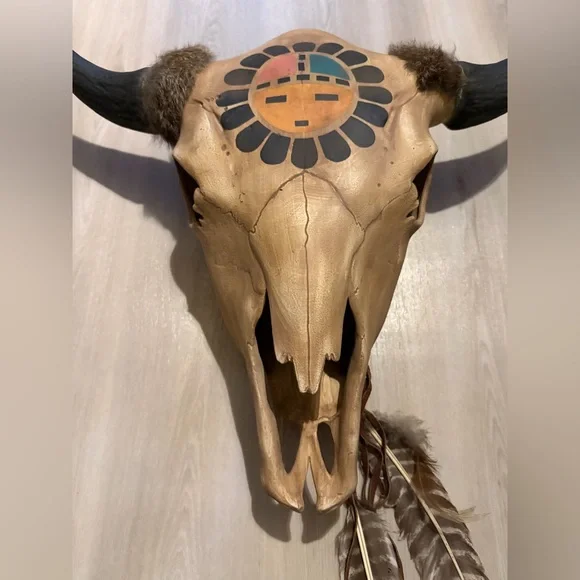 Vintage 90s Life Size Native American Steer Bull Horns Hand Painted Ceramic